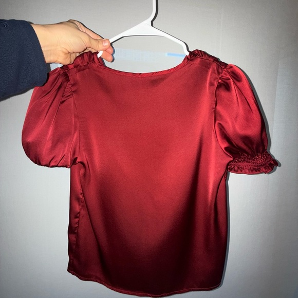 Elegant Burgundy V-Neck Blouse satin frill button front puff sleeve office night - Picture 10 of 11
